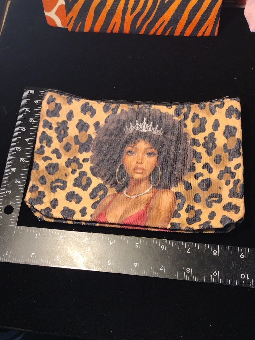 Leopard Print Zip Pouch with Afro Queen Illustration - Brown